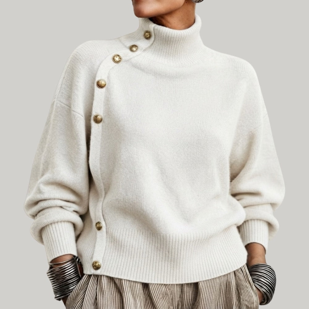 Women's Turtleneck Jumper with Diagonal Buttons and Long Sleeves