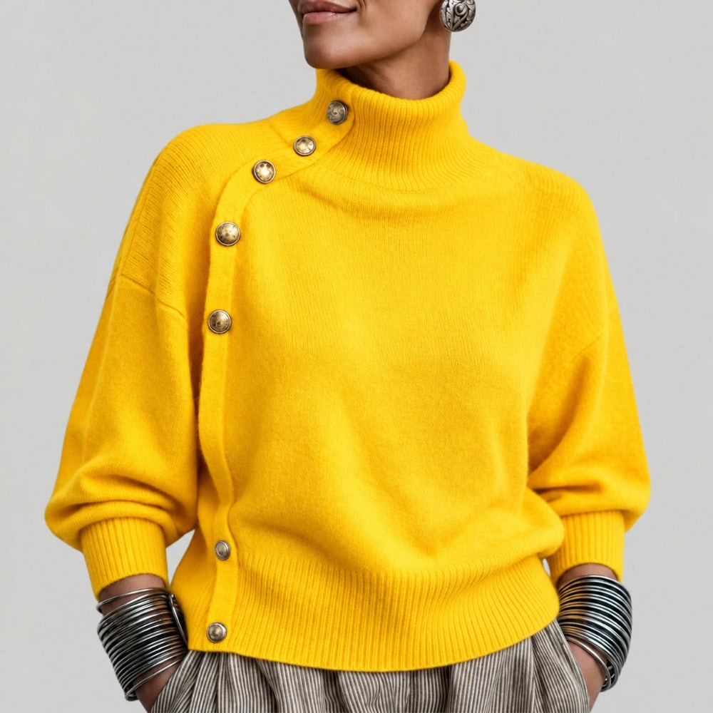Women's Turtleneck Jumper with Diagonal Buttons and Long Sleeves