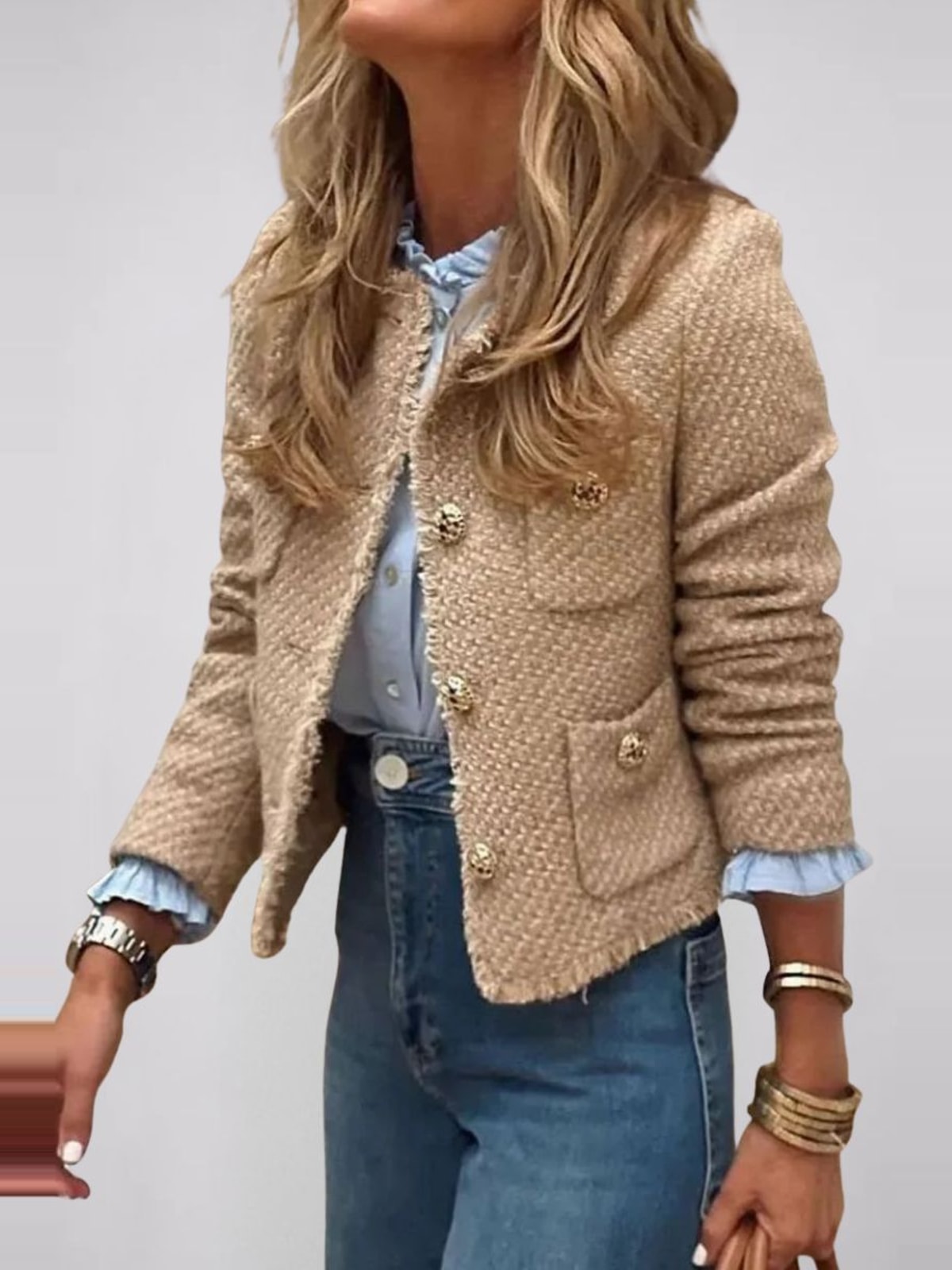 Women's Tweed Blazer with Round Neck and Fringed Trim