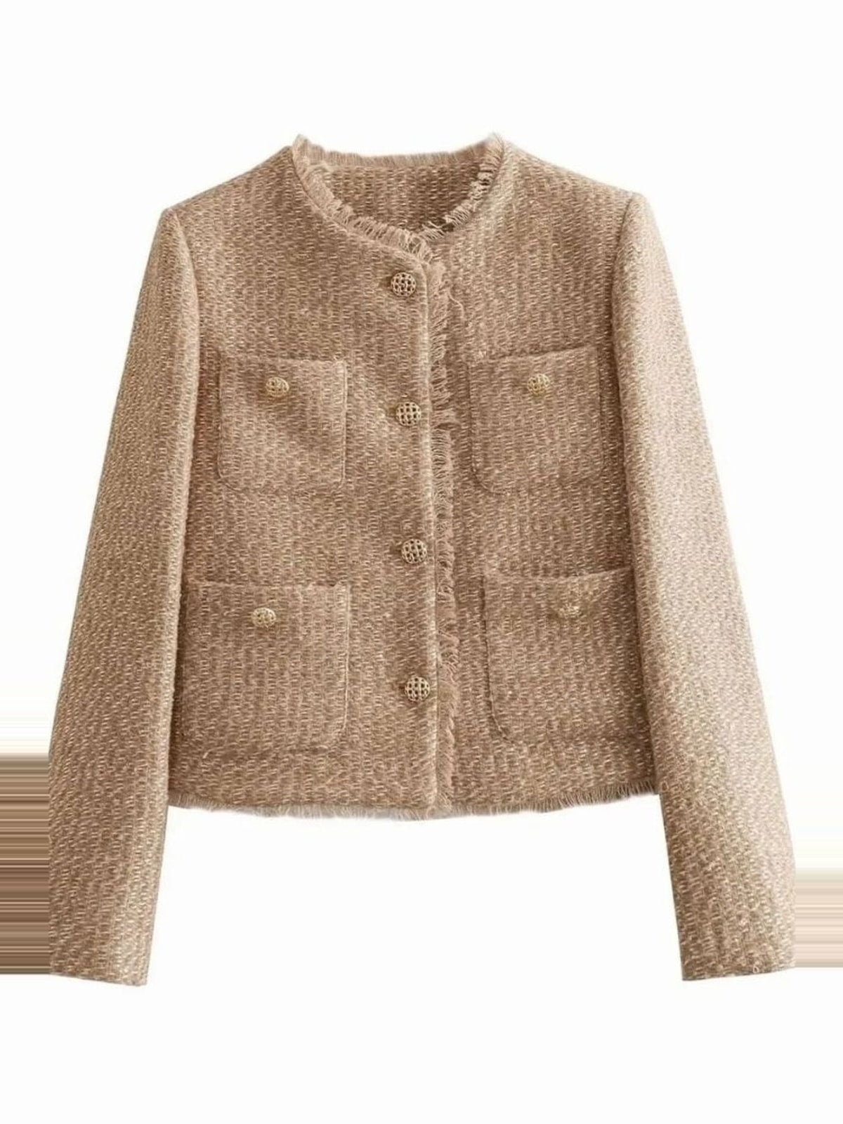 Women's Tweed Blazer with Round Neck and Fringed Trim