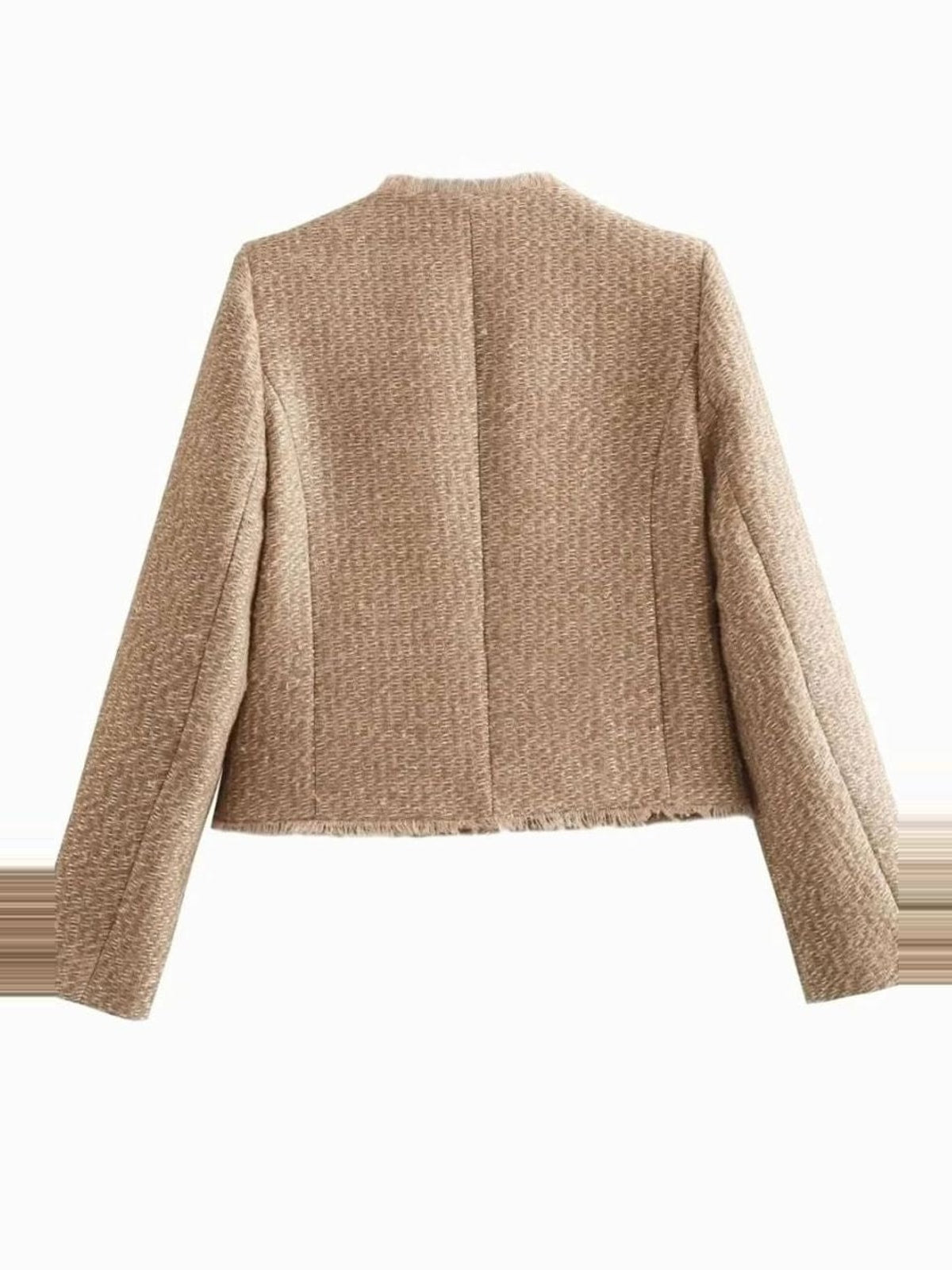 Women's Tweed Blazer with Round Neck and Fringed Trim
