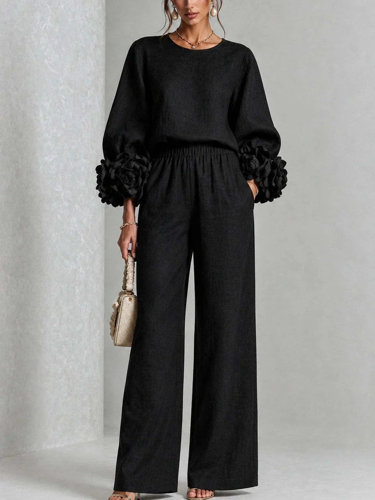 Women's Two Piece Set with Floral Cuffs and Wide Leg Trousers