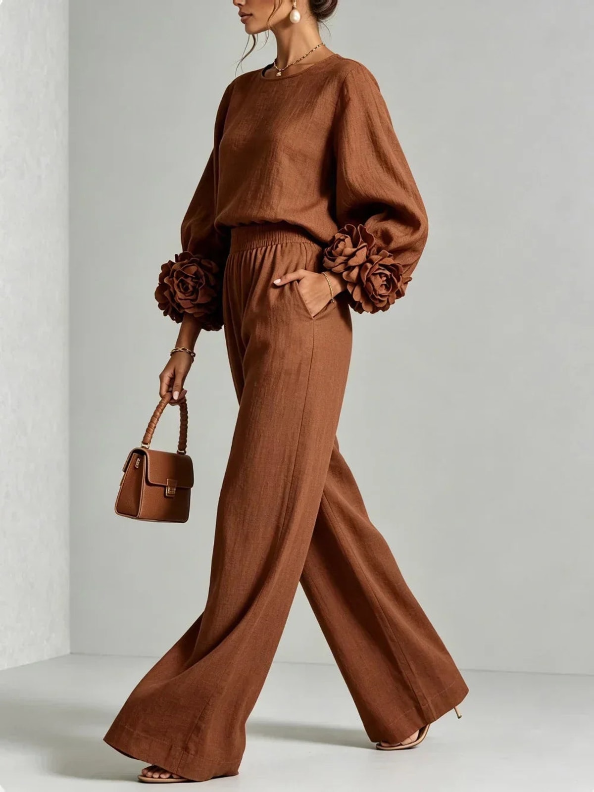 Women's Two Piece Set with Floral Cuffs and Wide Leg Trousers