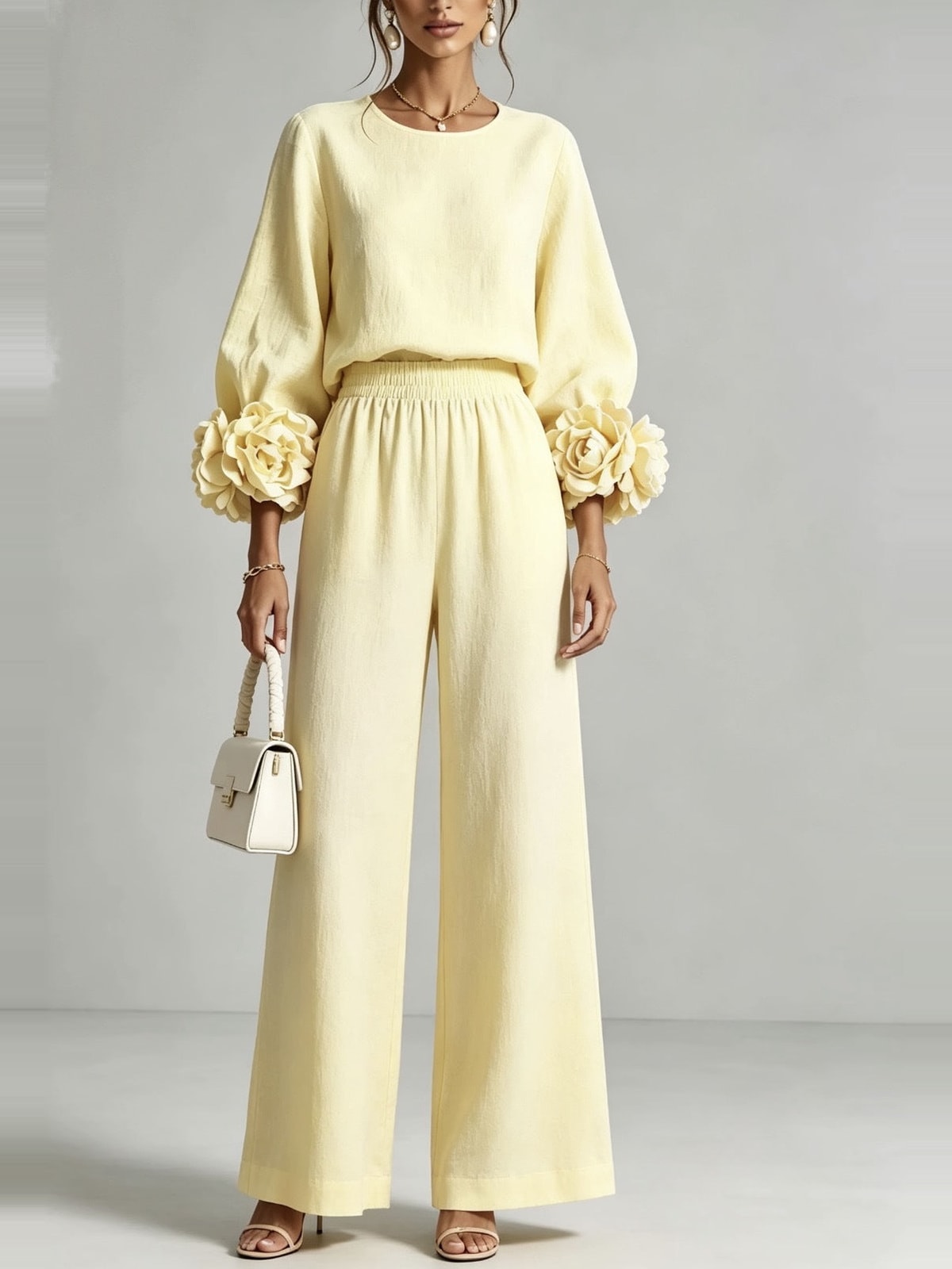 Womens Two-Piece Set with Floral Cuffs and Wide-Leg Trousers light yellow
