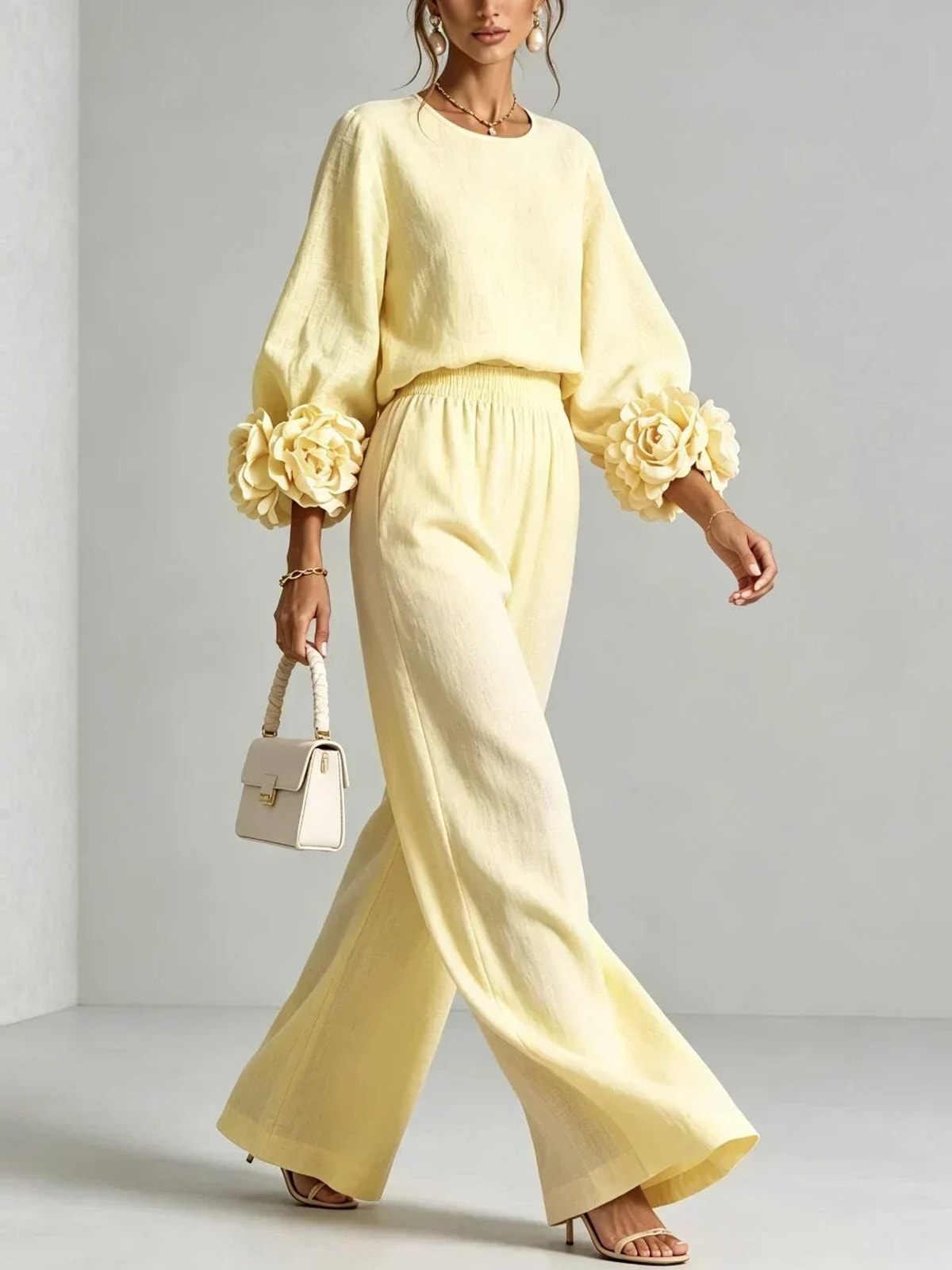 Womens Two-Piece Set with Floral Cuffs and Wide-Leg Trousers light yellow2