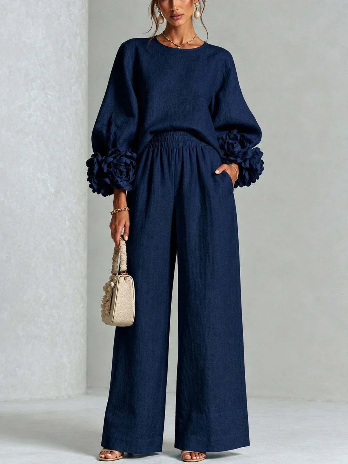 Women's Two Piece Set with Floral Cuffs and Wide Leg Trousers