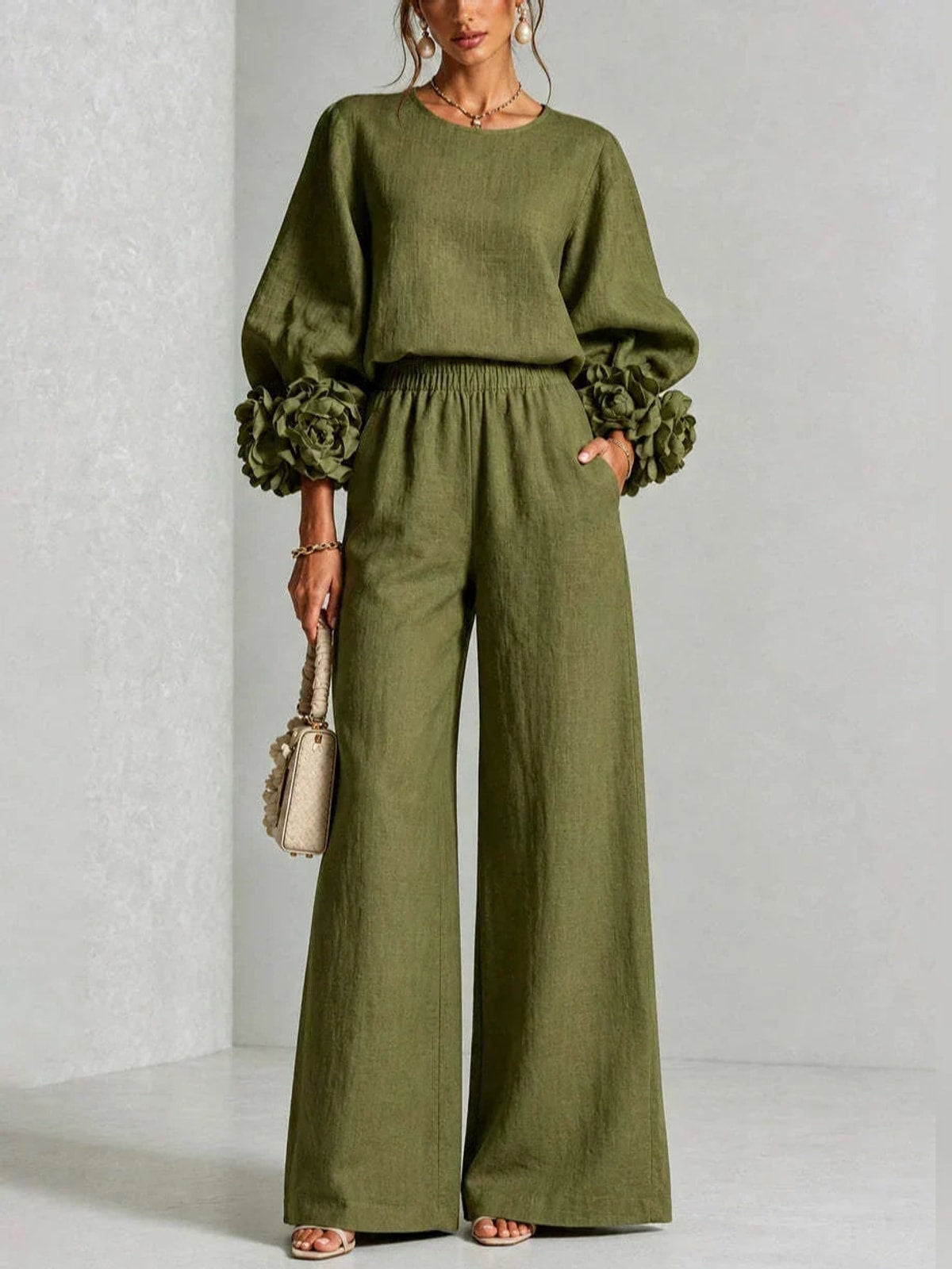 Women's Two Piece Set with Floral Cuffs and Wide Leg Trousers