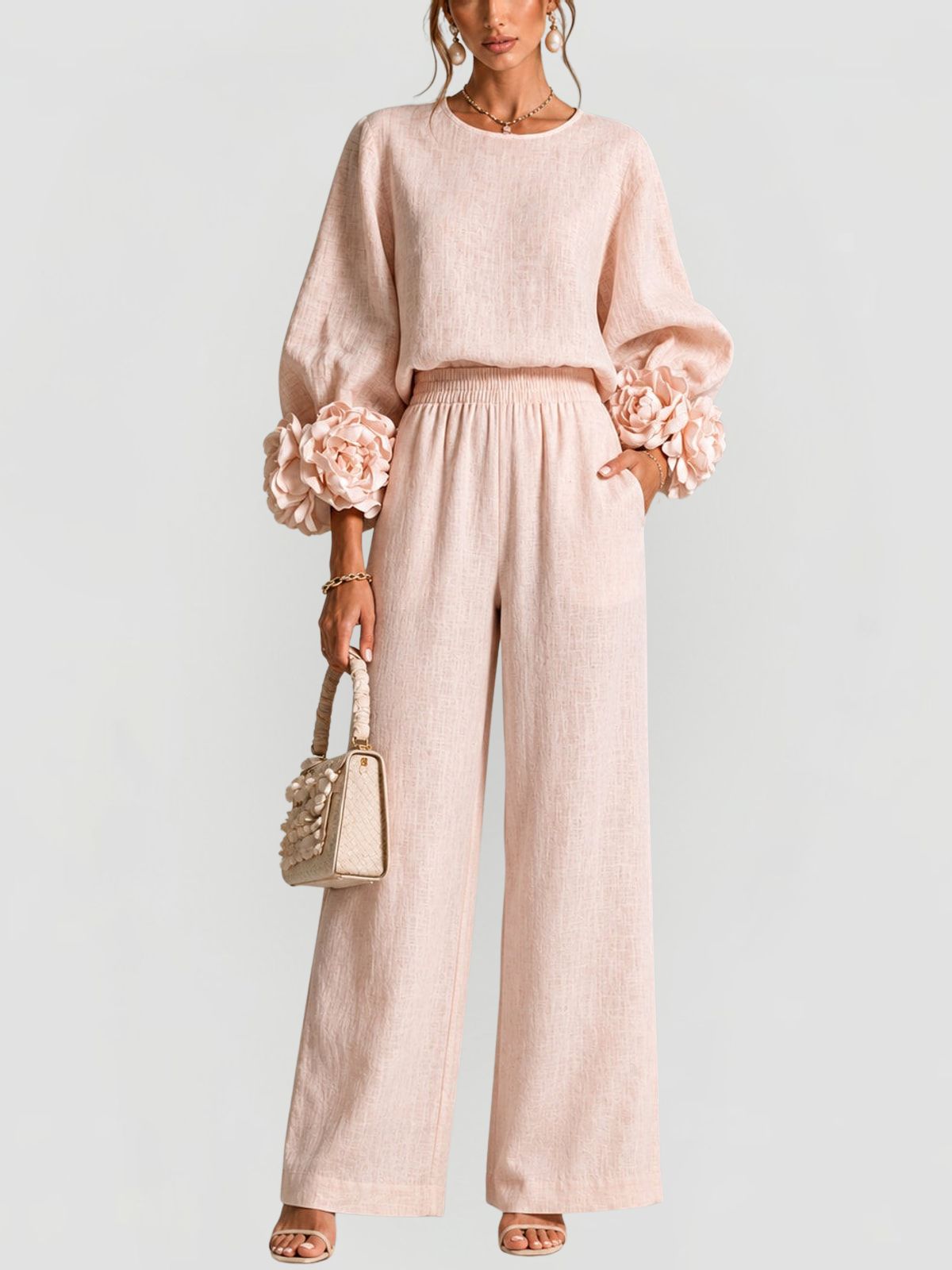 Women's Two Piece Set with Floral Cuffs and Wide Leg Trousers