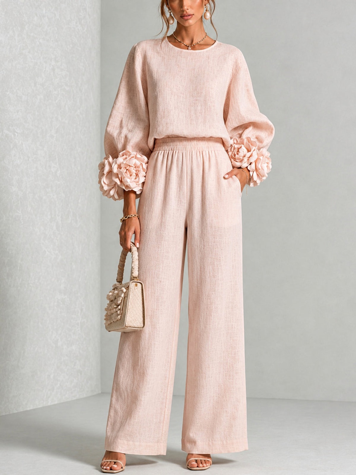 Women's Two Piece Set with Floral Cuffs and Wide Leg Trousers