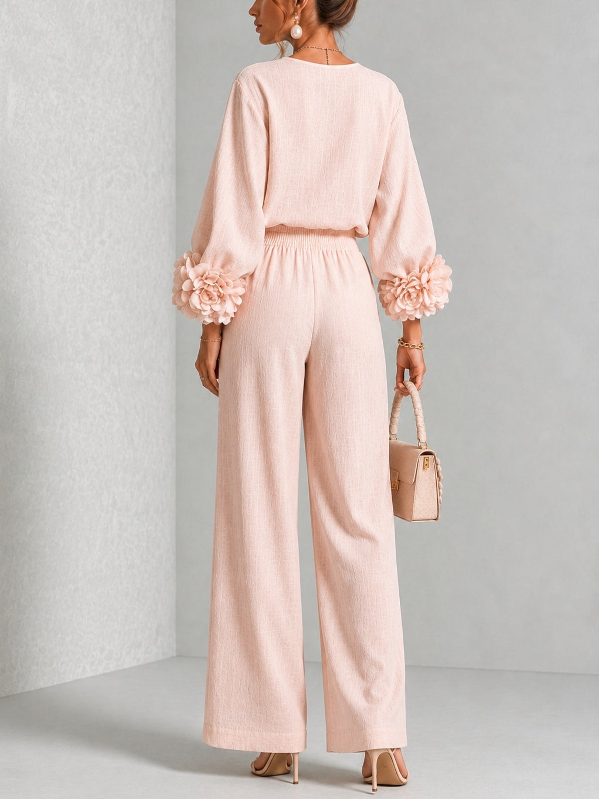 Women's Two Piece Set with Floral Cuffs and Wide Leg Trousers