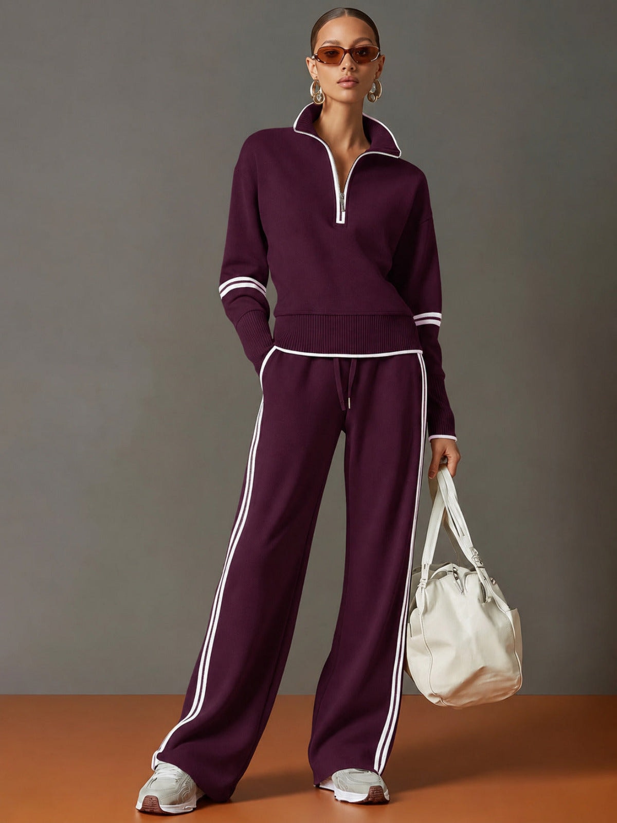 Women's Two Piece Set with Half-Zip Top and Wide Leg Trousers