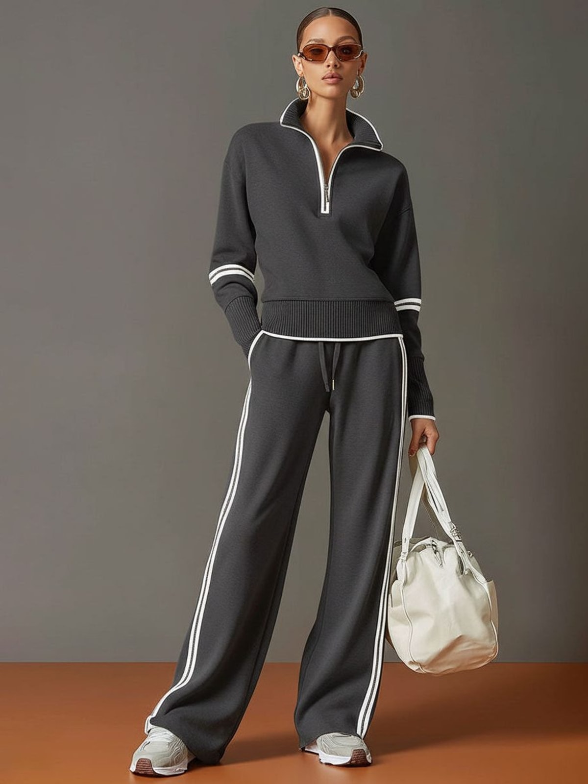 Women's Two Piece Set with Half-Zip Top and Wide Leg Trousers
