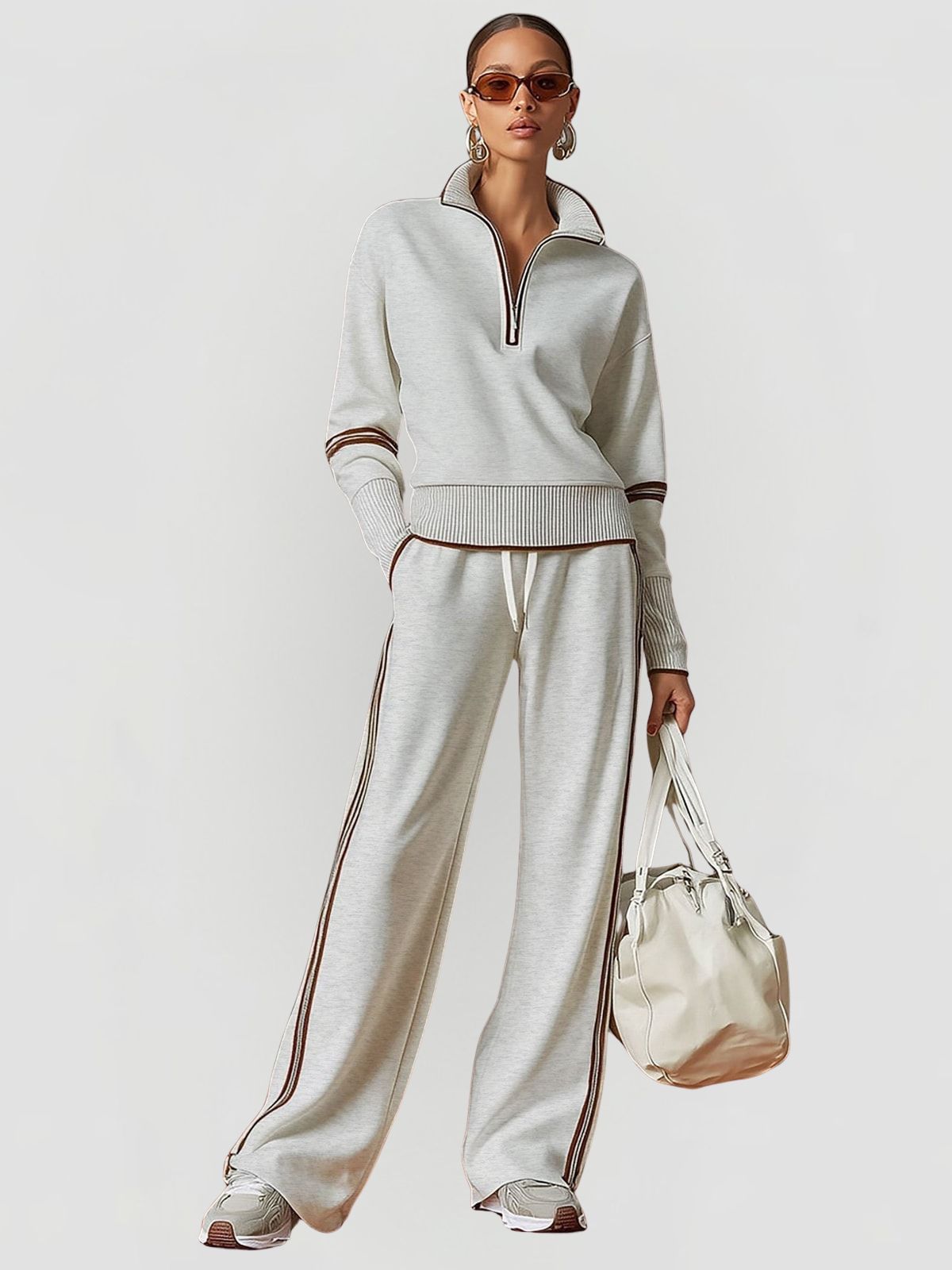 Women's Two Piece Set with Half-Zip Top and Wide Leg Trousers