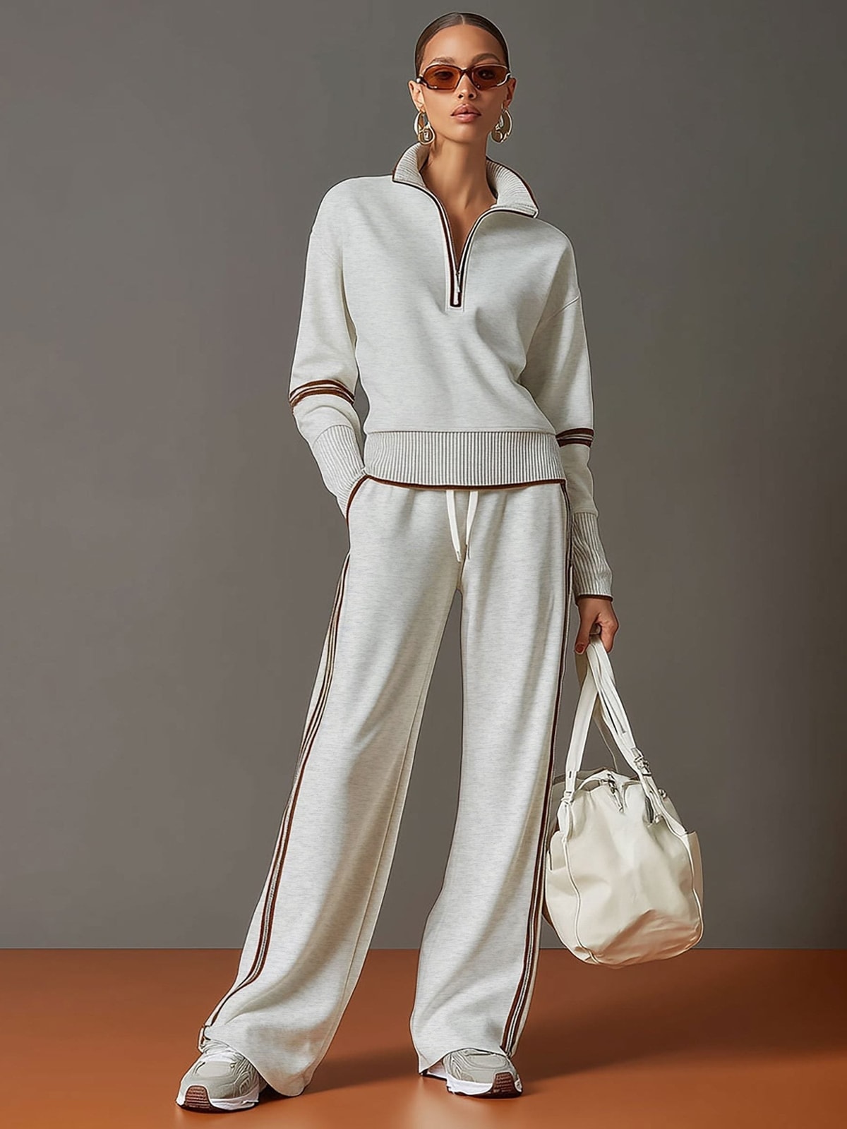 Women's Two Piece Set with Half-Zip Top and Wide Leg Trousers