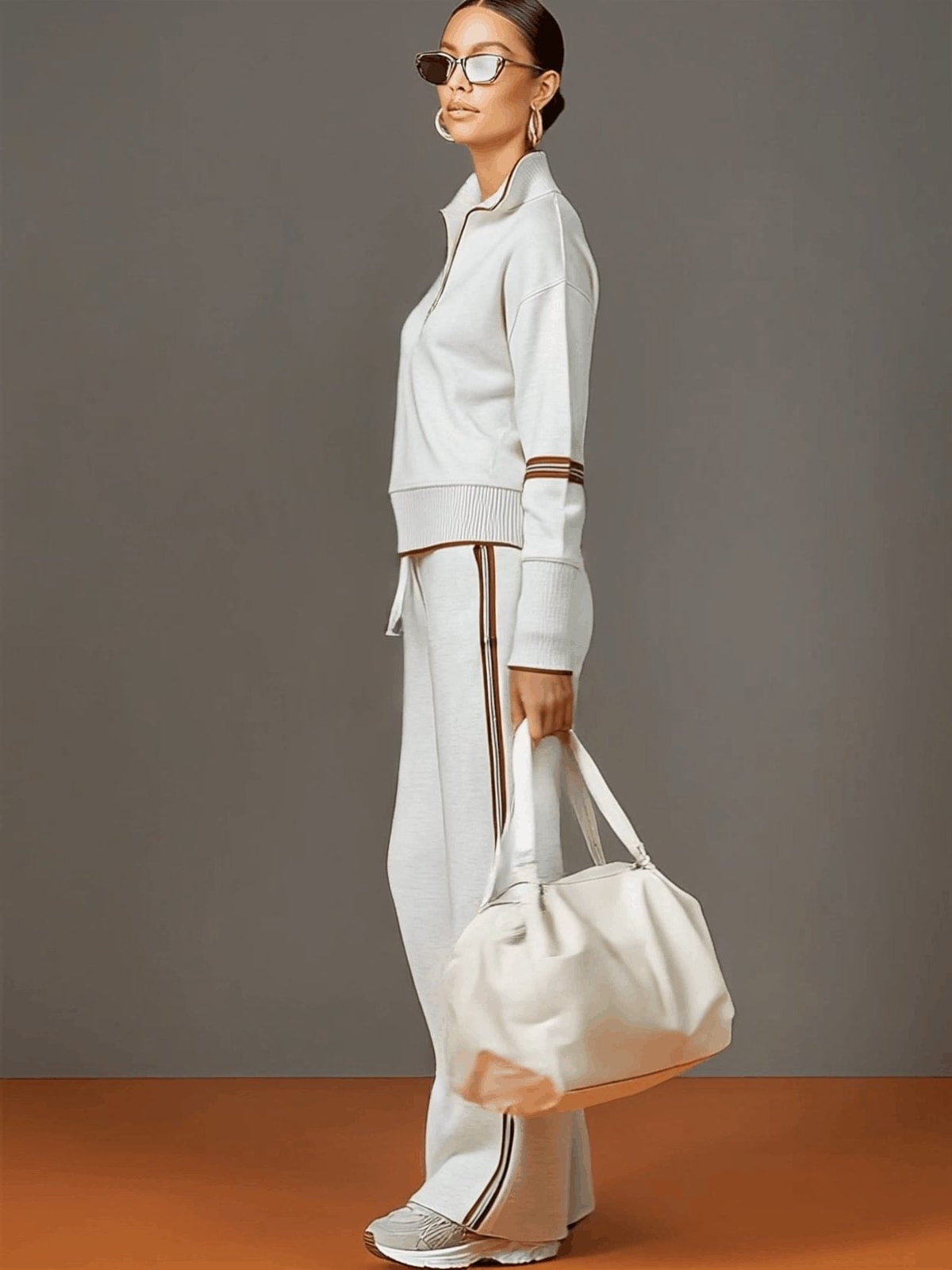 Women's Two Piece Set with Half-Zip Top and Wide Leg Trousers
