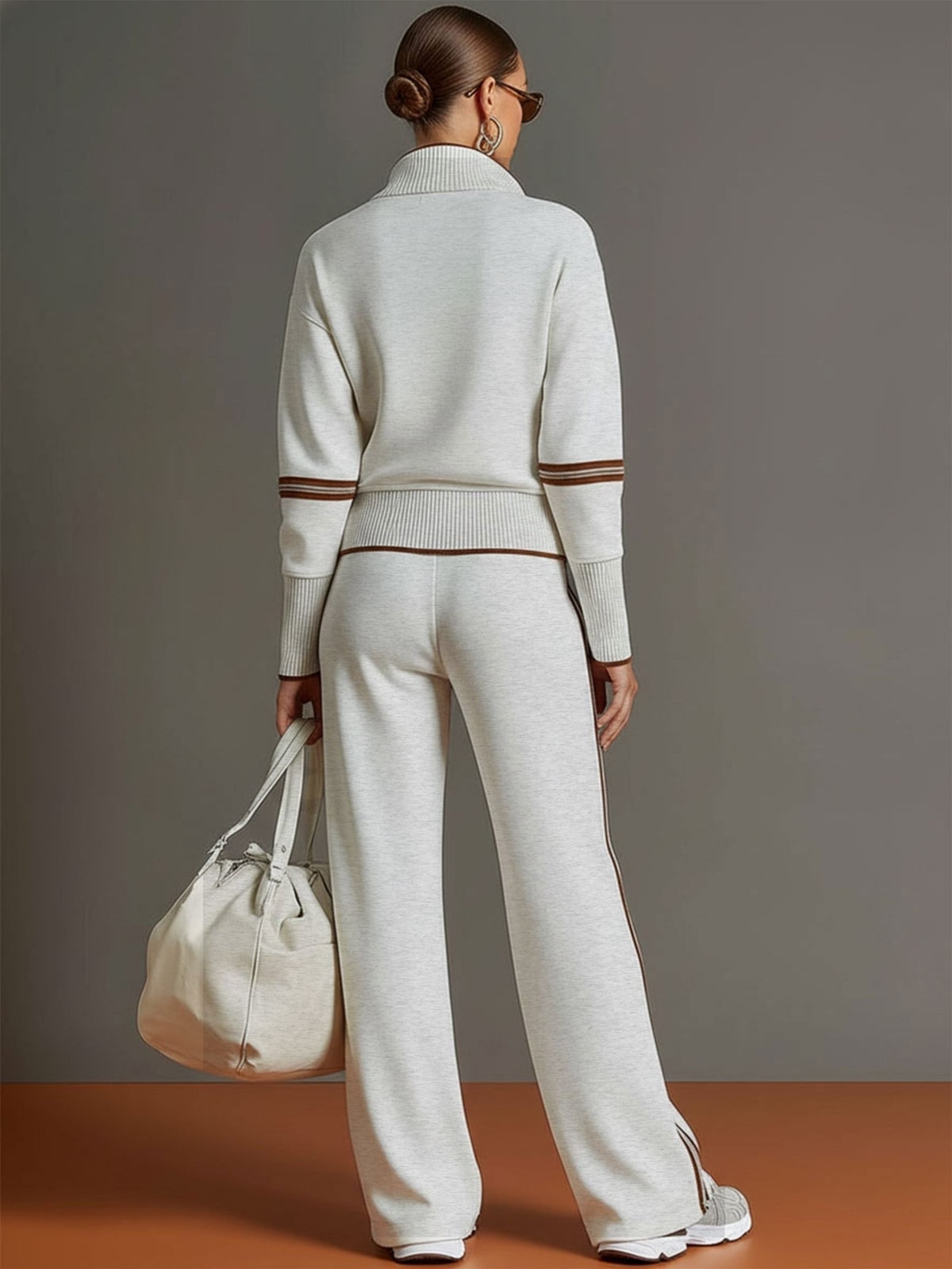 Women's Two Piece Set with Half-Zip Top and Wide Leg Trousers