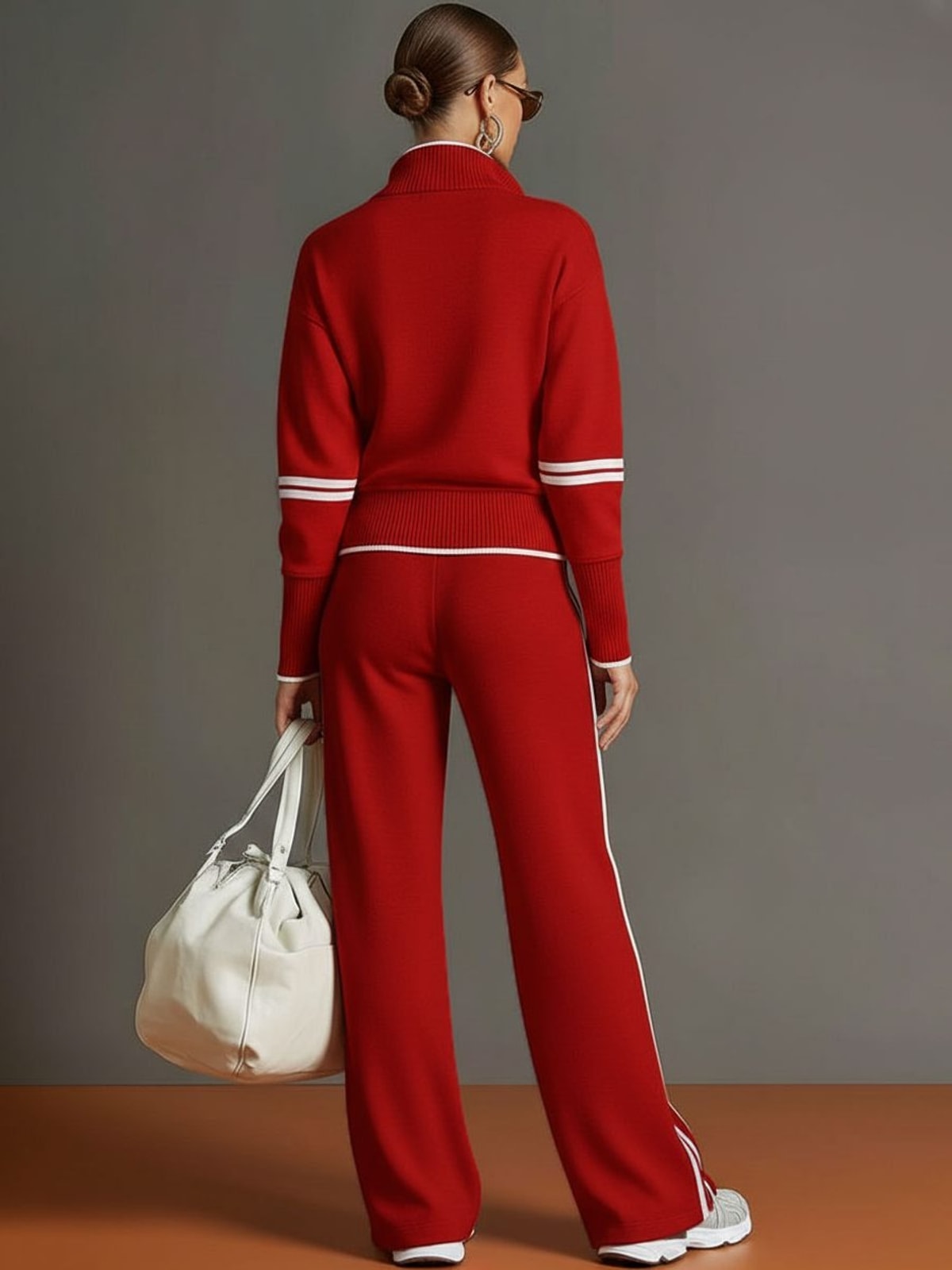 Women's Two Piece Set with Half-Zip Top and Wide Leg Trousers