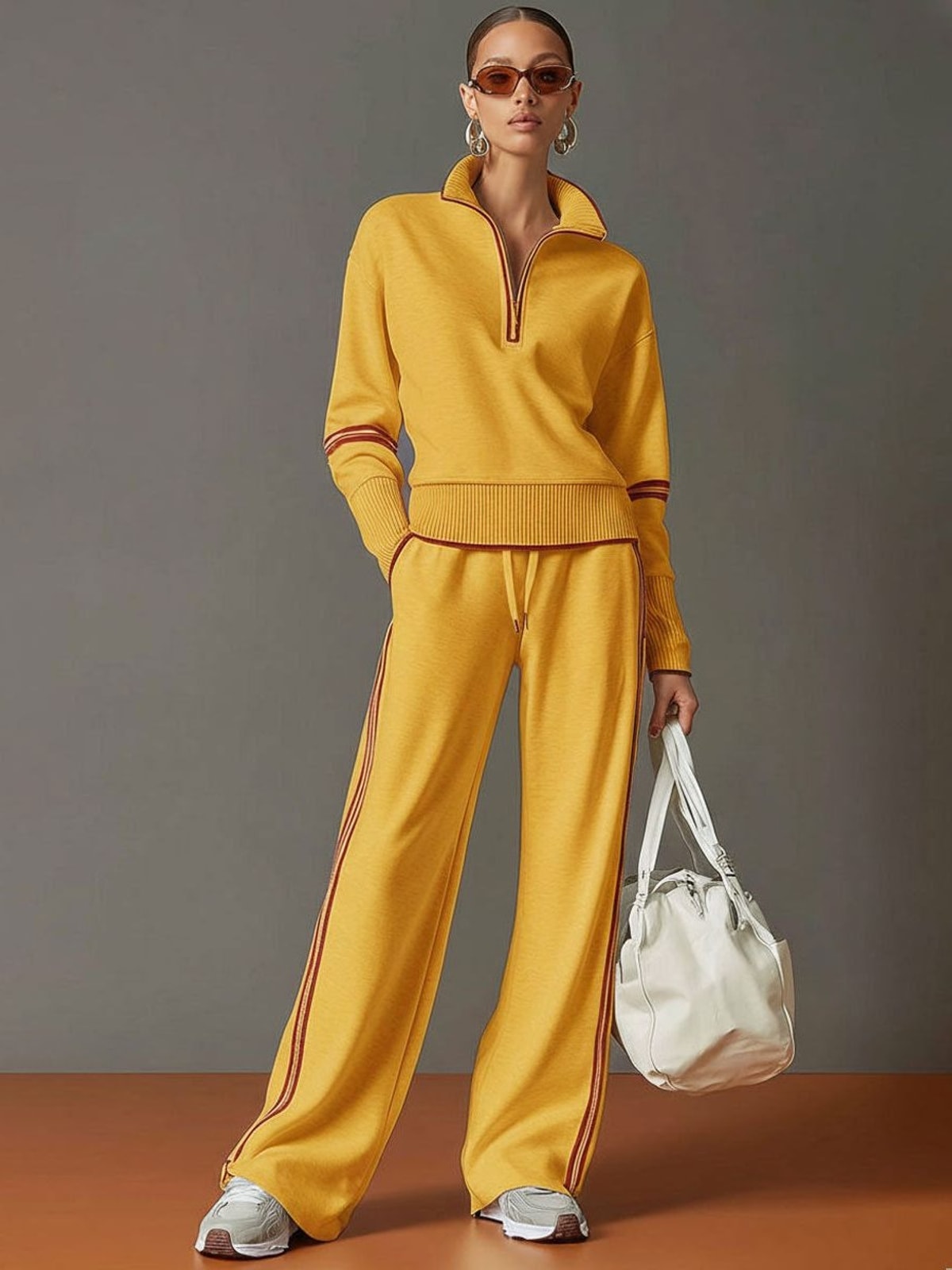 Women's Two Piece Set with Half-Zip Top and Wide Leg Trousers