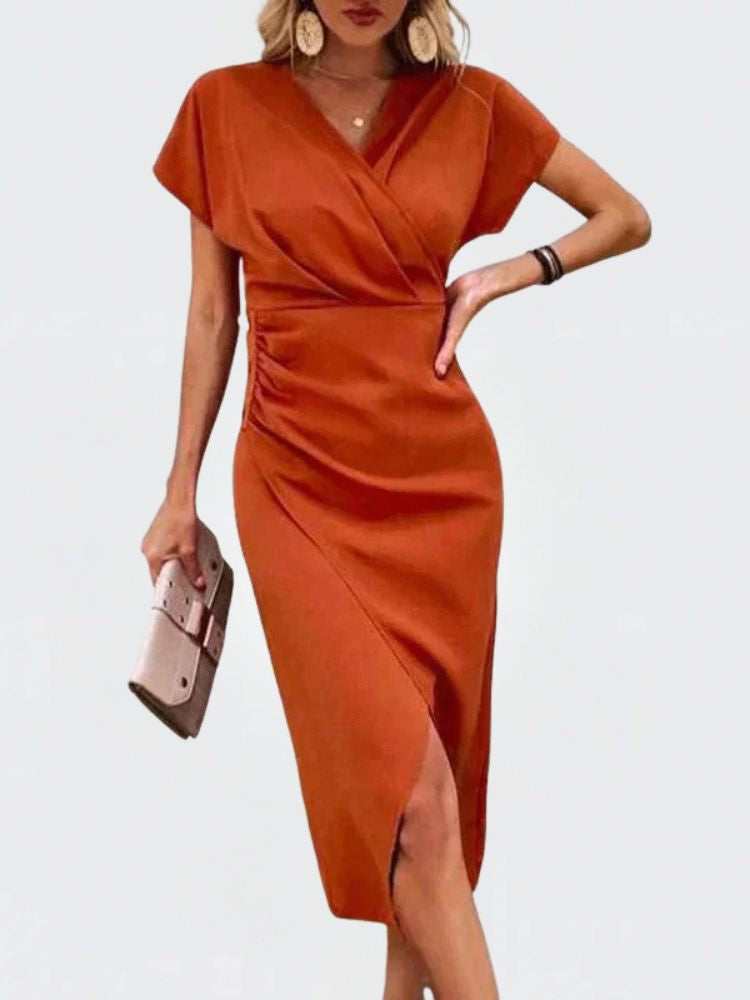 Wrap Midi Dress with V-Neck and Side Split