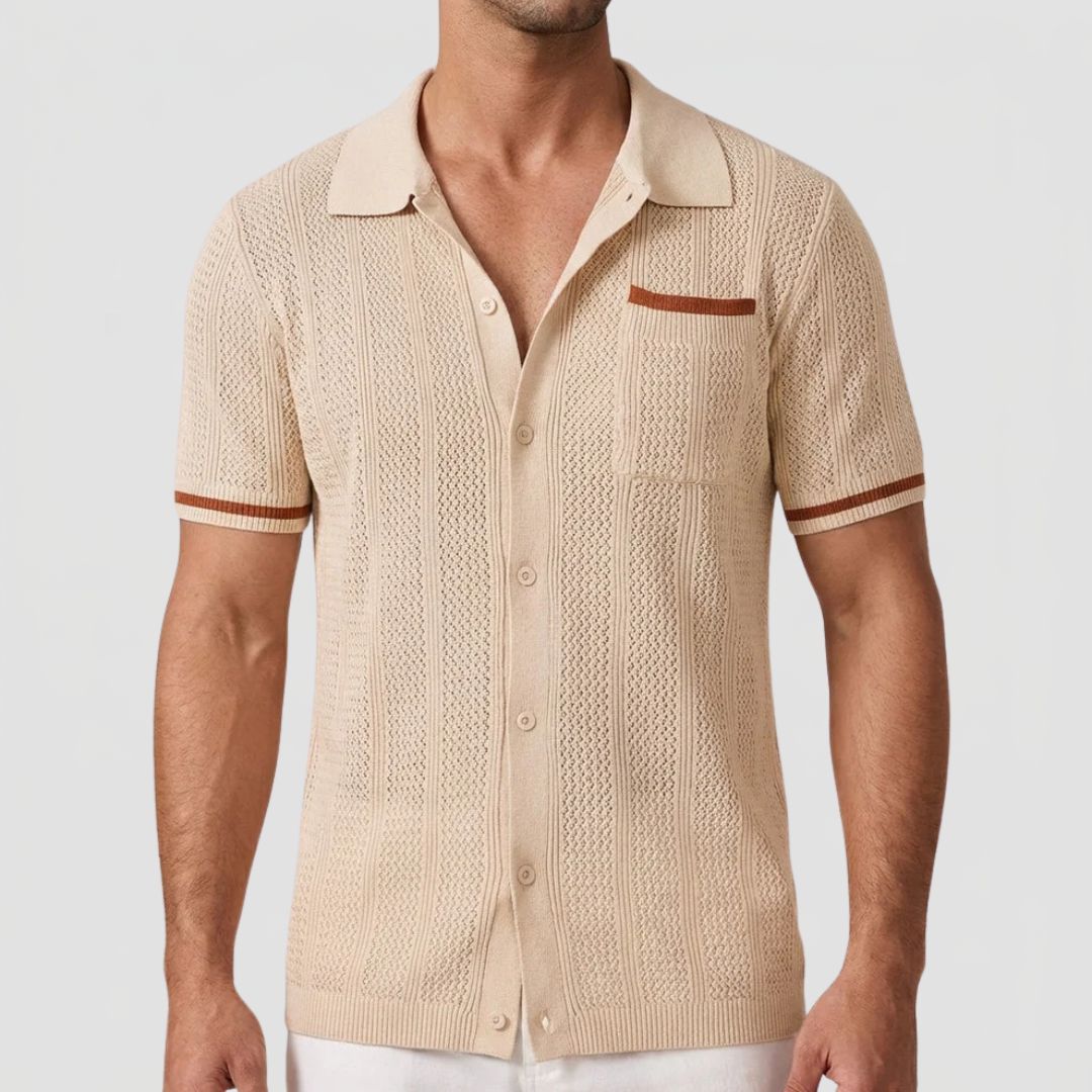 Men's Knitted Short Sleeve Shirt with Camp Collar