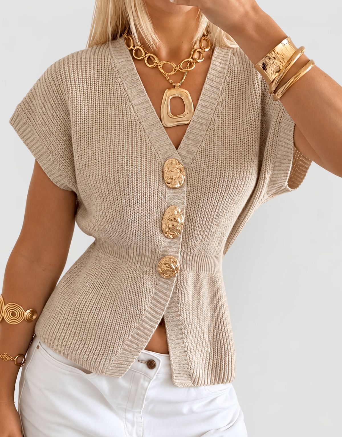 Women's Short Sleeve V-Neck Knit Cardigan with Button Closure